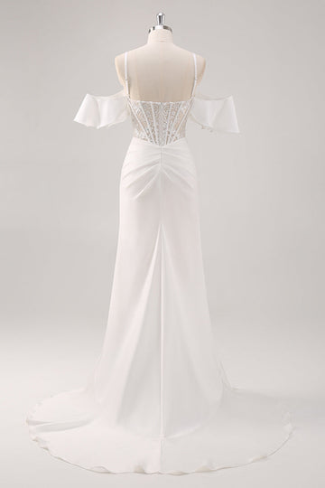 White Mermaid Cold Shoulder Corset Appliqued Long Prom Dress with Slit